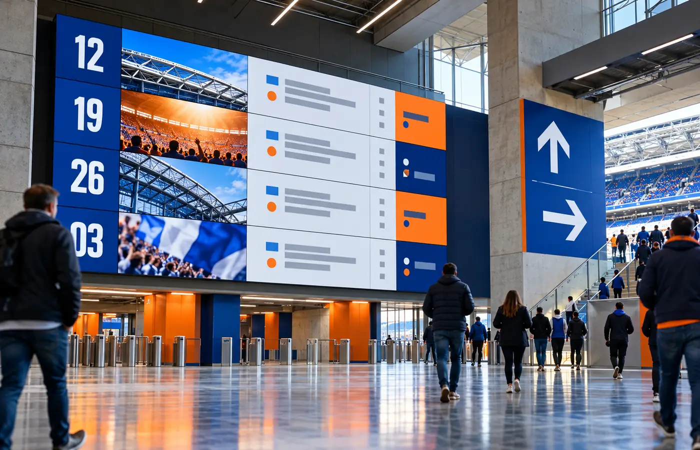 Contemporary stadium information display with abstract fixture rows