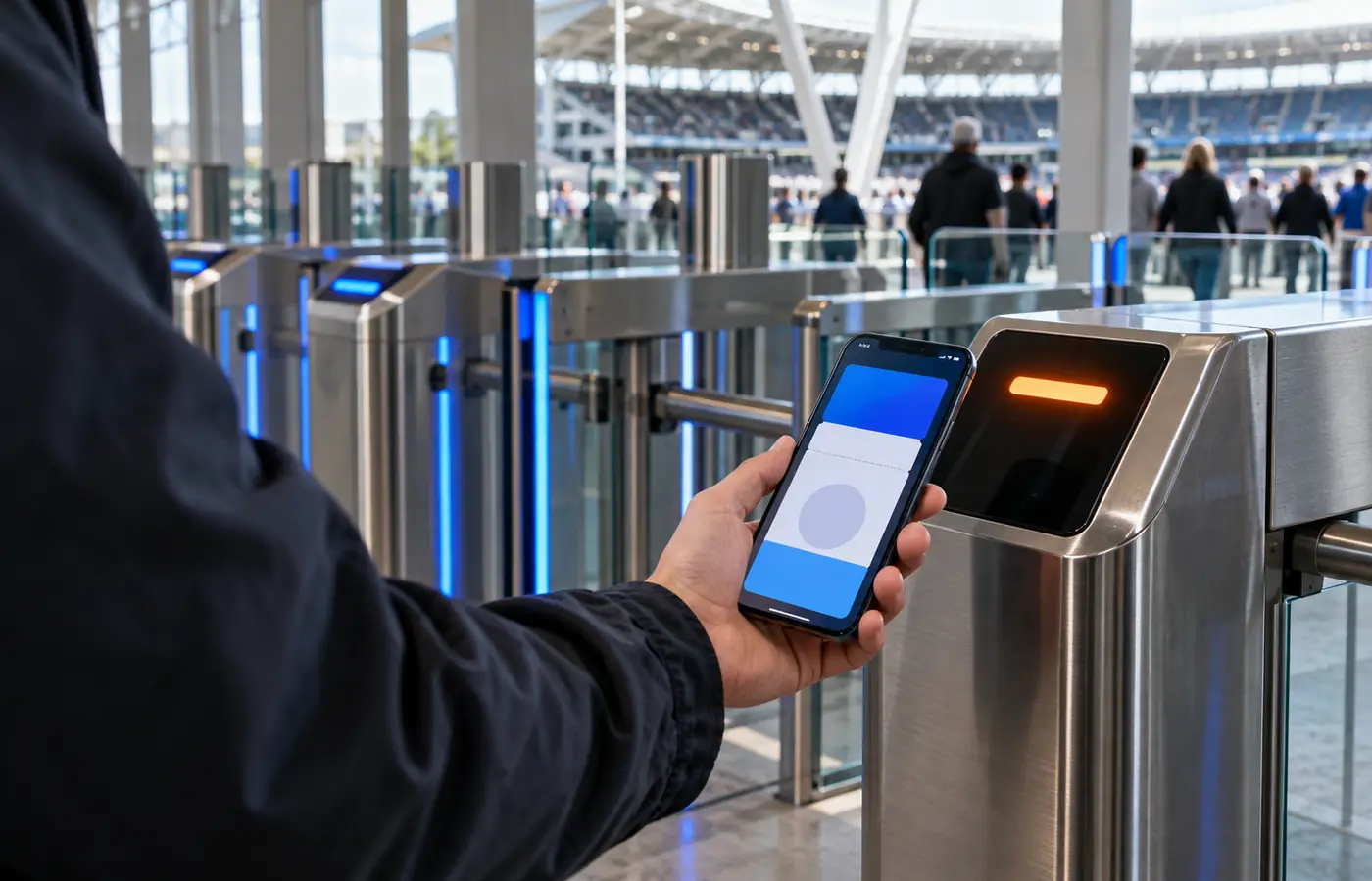 Supporter presenting a generic digital pass at modern stadium turnstiles