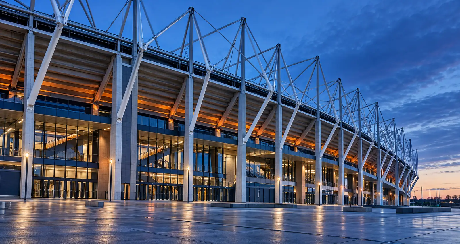 Panoramic exterior of a modern British football stadium